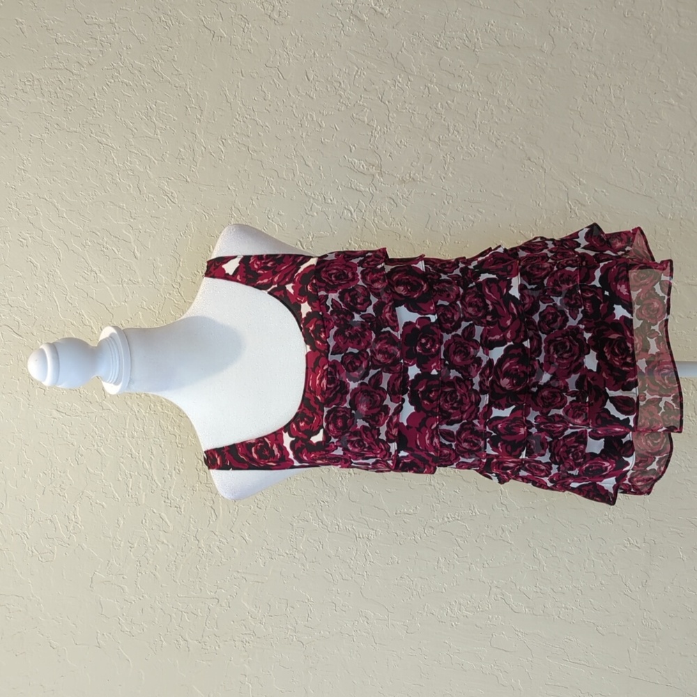 WHBM Red Chiffon Sleeveless Tiered Ruffled Rose Print Blouse Size XS
